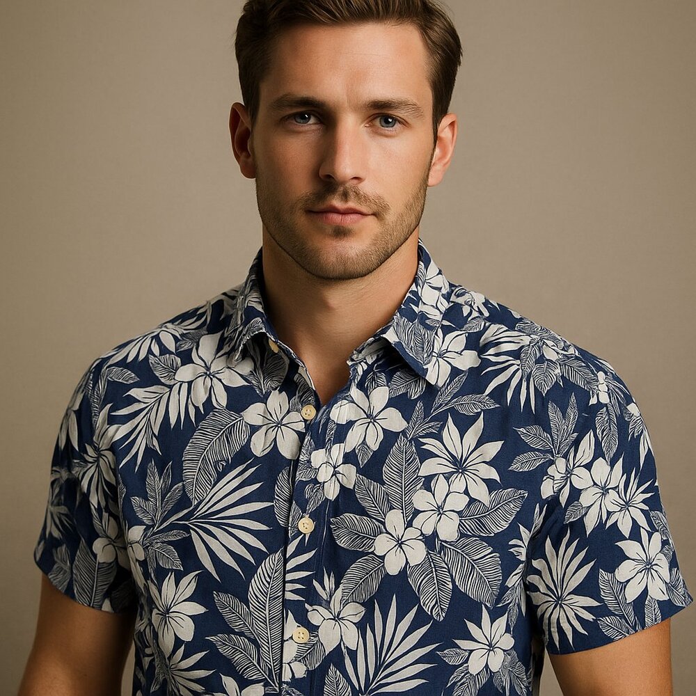 Tommy Bahama Navy & White Floral Print Short Sleeve Button-Up Shirt – Size M